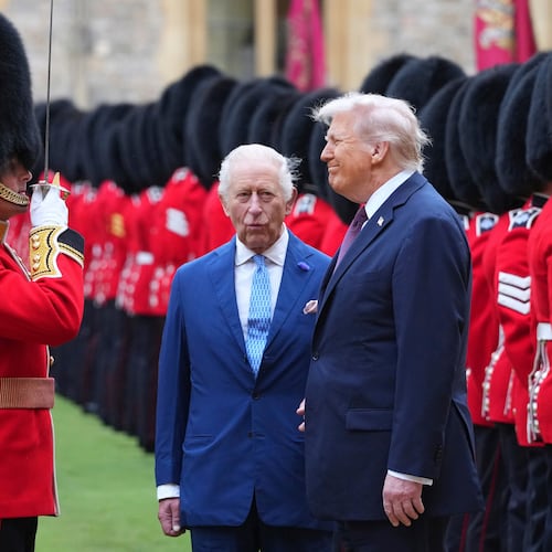 FILE - President Donald Trump and Britain's King Charles III review the Guard of Honour after the arrival at Windsor Castle in Windsor, England, Wednesday, Sept. 17, 2025.(AP Photo/Kirsty Wigglesworth, Pool, File)
