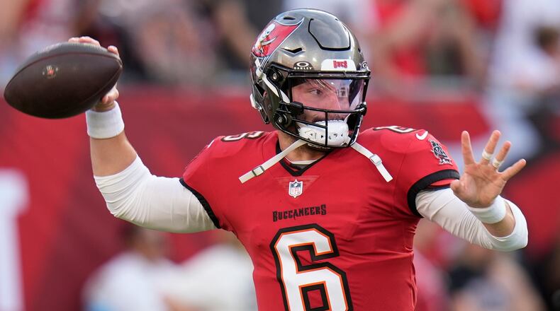 Tampa Bay Buccaneers quarterback Baker Mayfield (6) works out before an NFL football game against the Kansas City Chiefs, Saturday, Aug. 22, 2026, in Tampa, Fla. (AP Photo/Chris O'Meara)