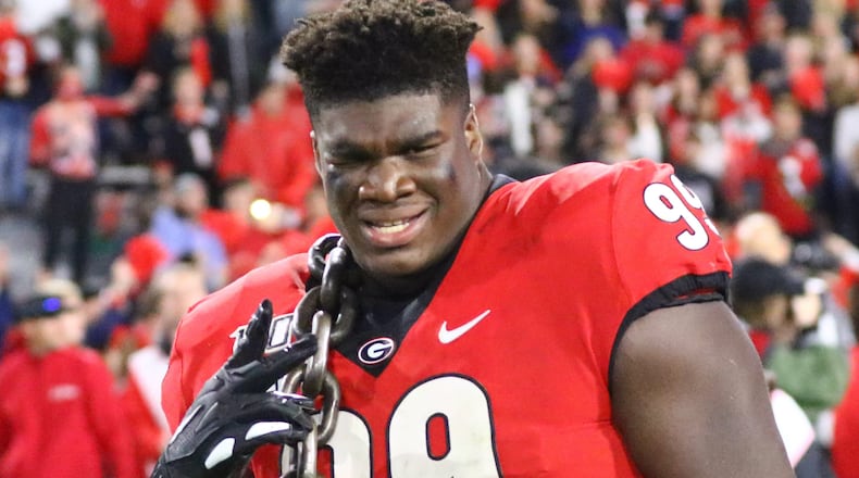Georgia nosegaurd Jordan Davis has earned has the defensive line's coveted Junkyard Dawg chain for exemplary play many times over the last three seasons.
(Photo by Andy Harrison/UGA Athletics)
