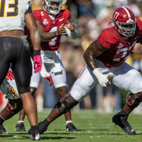 FILE - Alabama offensive lineman Jaeden Roberts (77) blocks Missouri defensive tackle Sterling Webb (10) during the first half of an NCAA college football game, Saturday, Oct. 26, 2024, in Tuscaloosa, Ala. (AP Photo/Vasha Hunt, File)