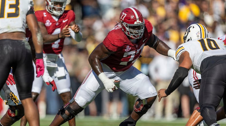 FILE - Alabama offensive lineman Jaeden Roberts (77) blocks Missouri defensive tackle Sterling Webb (10) during the first half of an NCAA college football game, Saturday, Oct. 26, 2024, in Tuscaloosa, Ala. (AP Photo/Vasha Hunt, File)