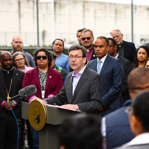 Gov. Bob Ferguson speaks during a news conference outside of the Northwest ICE Processing Center on Tuesday, April 28, 2026, in Tacoma, Wash. (Nick Wagner/The Seattle Times via AP)