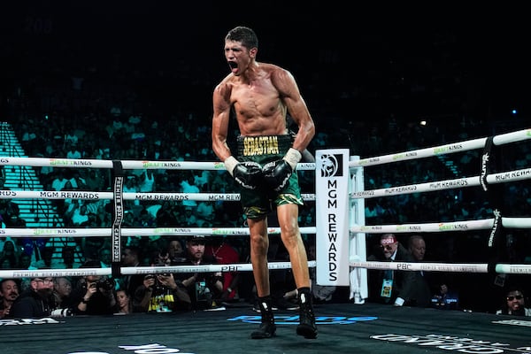 Sebastian Fundora celebrates after winning a super welterweight title boxing match against Tim Tszyu Saturday, July 19, 2025, in Las Vegas. (AP Photo/John Locher)