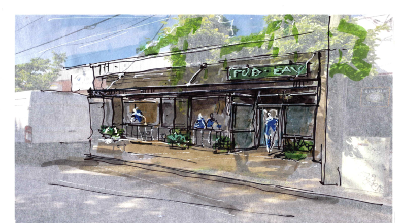 A rendering of Pub @ EAV in East Atlanta shows a redesigned exterior. / Courtesy of W. Jay George Design, LLC.