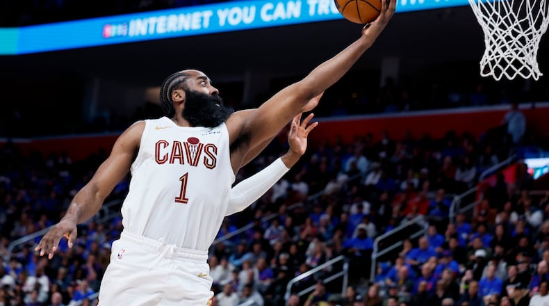 Cleveland Cavaliers guard James Harden goes to the basket against the Detroit Pistons during the second half in Game 5 of a second-round NBA playoffs basketball series, Wednesday, May 13, 2026, in Detroit. (AP Photo/Duane Burleson)