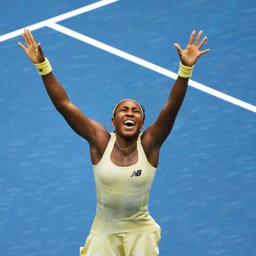 Coco Gauff, of the United States, celebrates winning a match against Mirra Andreeva, of Russia, during the quarterfinal round of the U.S. Open tennis championships, Wednesday, Sept. 9, 2026, in New York. (AP Photo/Seth Wenig)
