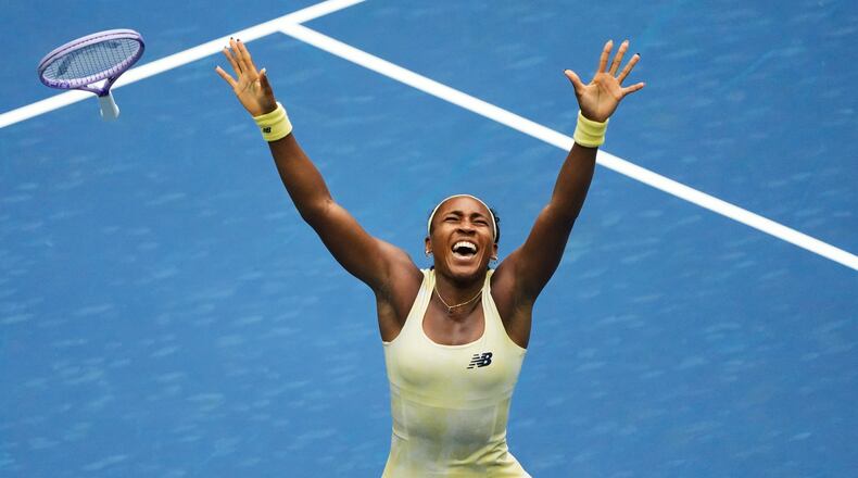 Coco Gauff, of the United States, celebrates winning a match against Mirra Andreeva, of Russia, during the quarterfinal round of the U.S. Open tennis championships, Wednesday, Sept. 9, 2026, in New York. (AP Photo/Seth Wenig)