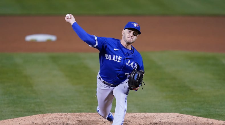 Toronto Blue Jays pitcher Ty Tice during a baseball game against the Oakland Athletics in Oakland, Calif., Tuesday, May 4, 2021. (AP Photo/Jeff Chiu)