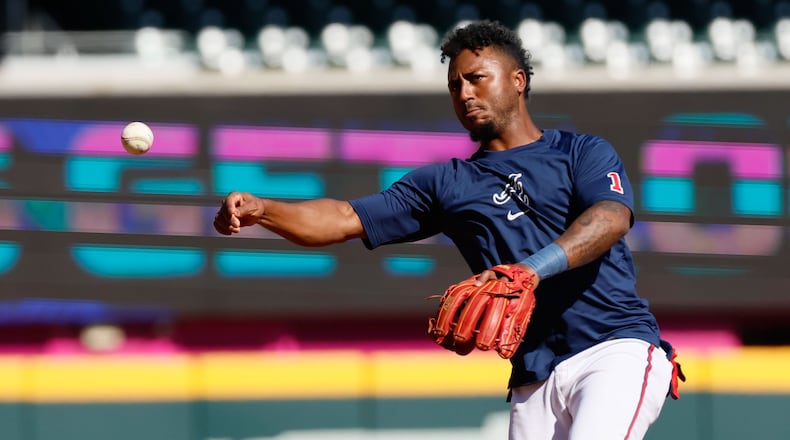 Atlanta Braves second baseman Ozzie Albies works in the field at Truist Park on Tuesday, Sept. 3, 2024, in Atlanta. 
(Miguel Martinez/ AJC)