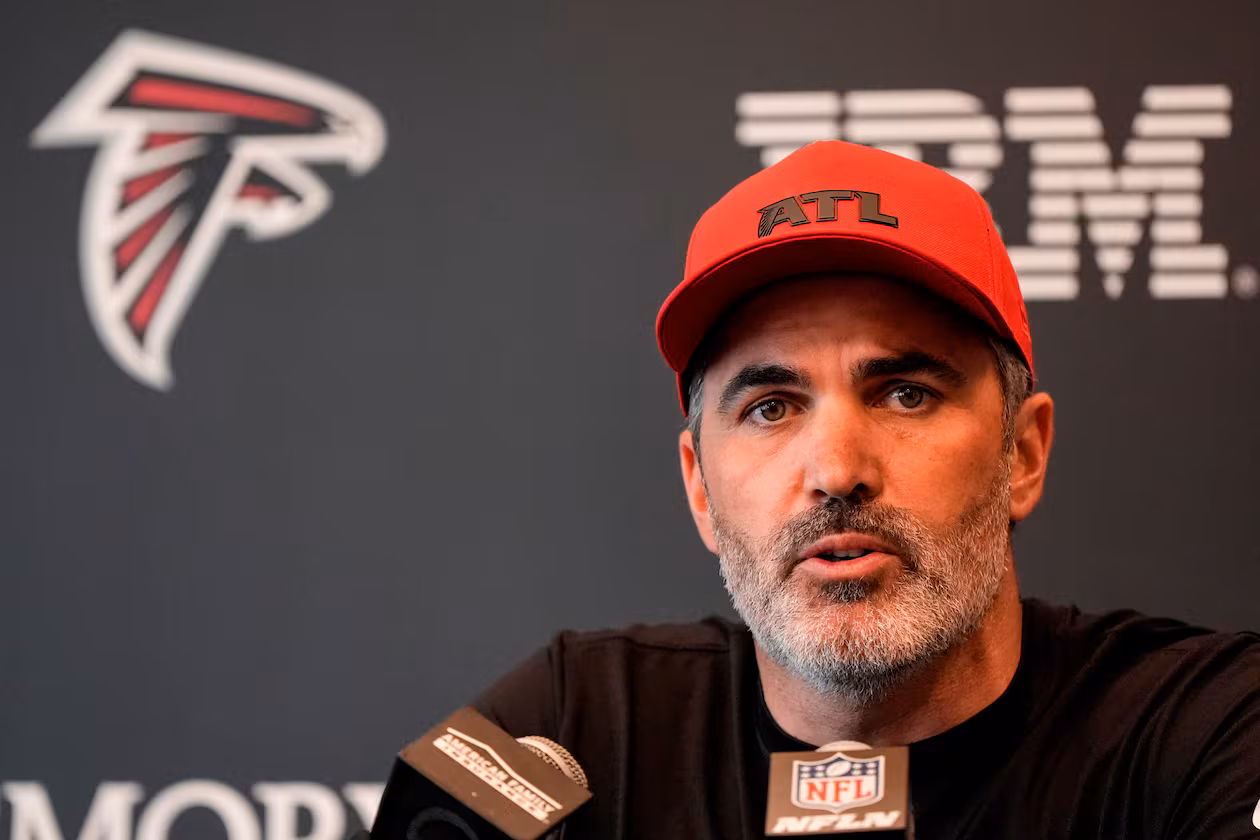 Atlanta Falcons head coach Kevin Stefanski speaks during the NFL football team's rookie minicamp, Friday, May 8, 2026, in Flowery Branch. (Mike Stewart/AP)