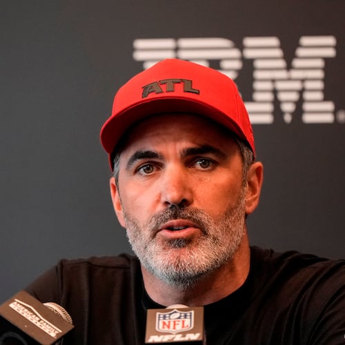 Atlanta Falcons head coach Kevin Stefanski speaks during the NFL football team's rookie minicamp, Friday, May 8, 2026, in Flowery Branch. (Mike Stewart/AP)