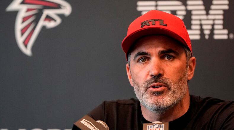 Atlanta Falcons head coach Kevin Stefanski speaks during the NFL football team's rookie minicamp, Friday, May 8, 2026, in Flowery Branch. (Mike Stewart/AP)