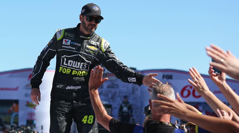 Jimmie Johnson is introduced during pre-race festivities at the 60th annual Daytona 500 at Daytona International Speedway on Feb. 18, 2018, in Daytona Beach, Fla.