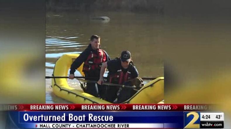 A woman and dog were rescued by Hall County authorities after their boat capsized on the Chattahoochee River.