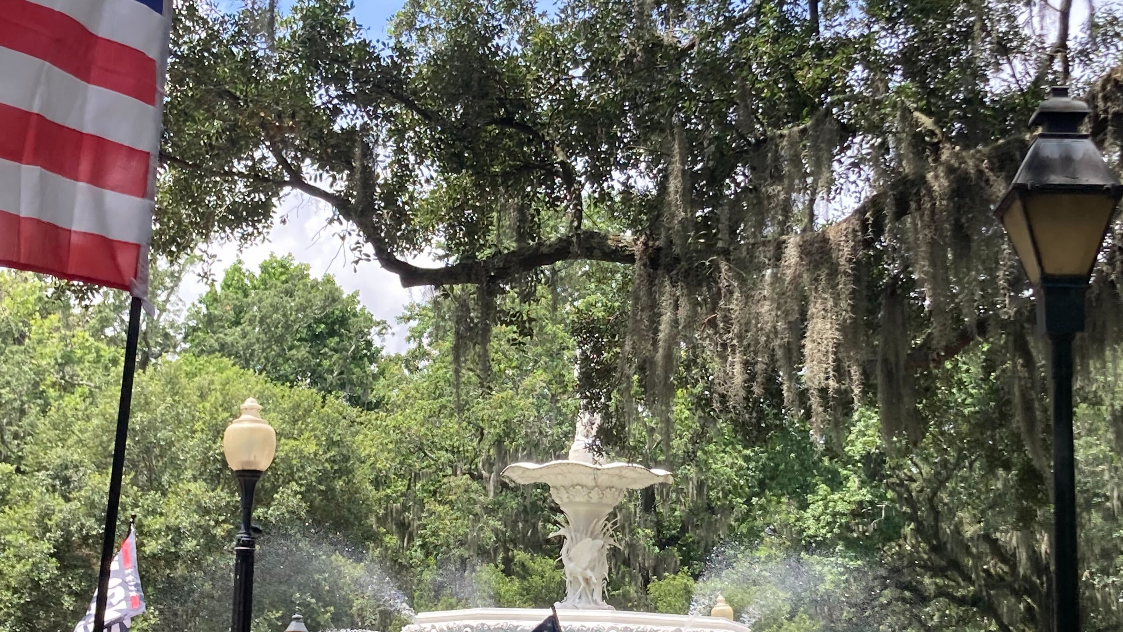 Protesters at a "No Kings" rally in Savannah gathered around a fountain in Forsyth Park on Saturday. (Adam Van Brimmer/AJC)