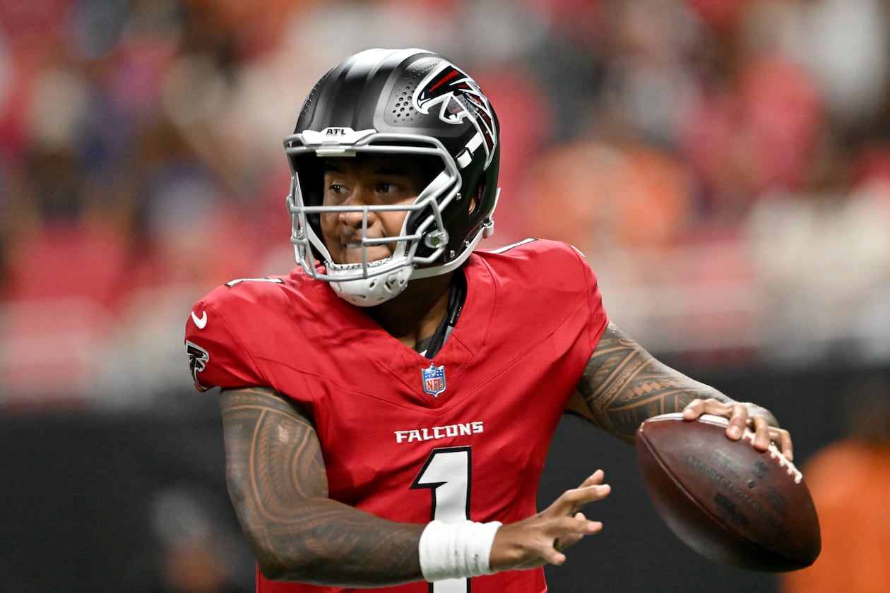 Falcons quarterback Tua Tagovailoa prepares to get off a pass against the Denver Broncos during their preseason game at Mercedes-Benz Stadium on Friday, Aug. 14, 2026, in Atlanta. “Definitely not up to standard. Not even up to par,” Tagovailoa says about his performance. (Hyosub Shin/AJC)