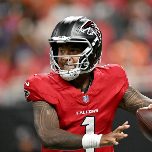 Falcons quarterback Tua Tagovailoa prepares to get off a pass against the Denver Broncos during their preseason game at Mercedes-Benz Stadium on Friday, Aug. 14, 2026, in Atlanta. “Definitely not up to standard. Not even up to par,” Tagovailoa says about his performance. (Hyosub Shin/AJC)