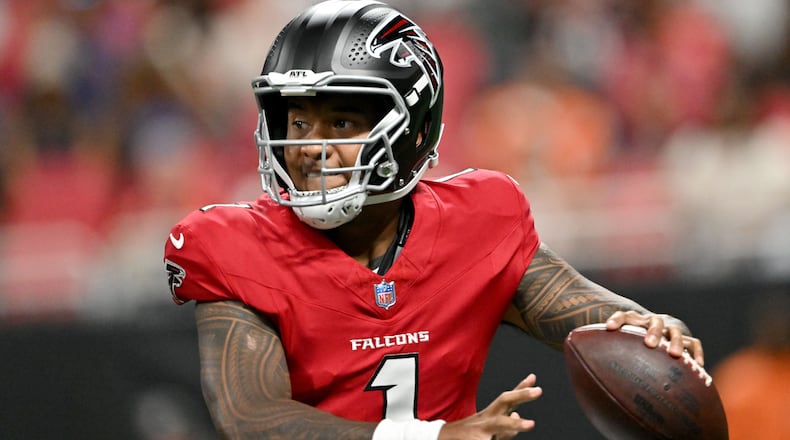Falcons quarterback Tua Tagovailoa prepares to get off a pass against the Denver Broncos during their preseason game at Mercedes-Benz Stadium on Friday, Aug. 14, 2026, in Atlanta. “Definitely not up to standard. Not even up to par,” Tagovailoa says about his performance. (Hyosub Shin/AJC)
