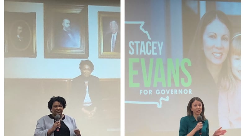 Stacey Abrams and Stacey Evans address the Young Democrats of Georgia.