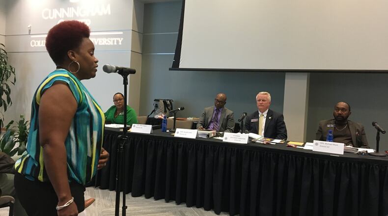 Paulette Hunt, a retired veteran, tells Georgia senators she supports restoring voting rights of nonviolent felons once they’re released from prison. The Senate Voting Rights for Nonviolent Felony Offenders Study Committee discussed the idea during a meeting Friday at Columbus State University. State Sens. Harold Jones, D-Augusta; Randy Robertston, R-Cataula; and Michael “Doc” Rhett, D-Marietta; listened to testimony. MARK NIESSE / MARK.NIESSE@AJC.COM