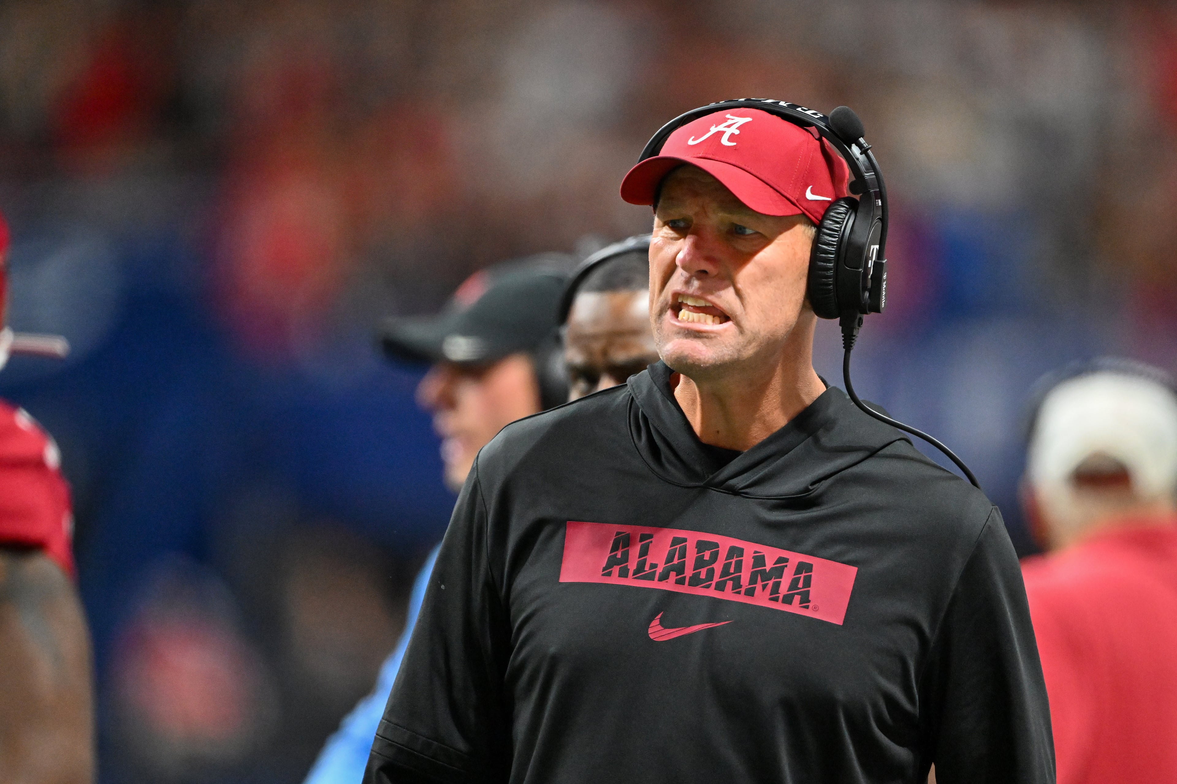 Alabama head coach Kalen DeBoer reacts against Georgia during the fourth quarter of the SEC Championship game at Mercedes-Benz Stadium, Saturday, Dec. 6, 2025, in Atlanta. Georgia won 28-7. (Hyosub Shin / AJC)