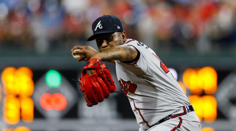 Atlanta Braves' Julio Teheran pitches during the second inning of the team's baseball game against the Philadelphia Phillies, Thursday, Sept. 12, 2019, in Philadelphia. (AP Photo/Matt Slocum)
