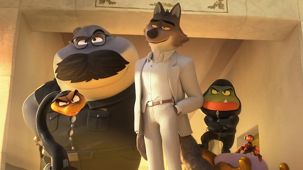 This image released by Universal Pictures/DreamWorks Animation shows, from left, Mr. Snake, voiced by Marc Maron, Mr. Shark, voiced by Craig Robinson, Mr. Wolf, voiced by Sam Rockwell, Mr. Piranha, voiced by Anthony Ramos and Ms. Tarantula, voiced by Awkwafina, in a scene from "The Bad Guys 2." (Universal Pictures/DreamWorks Animation via AP)