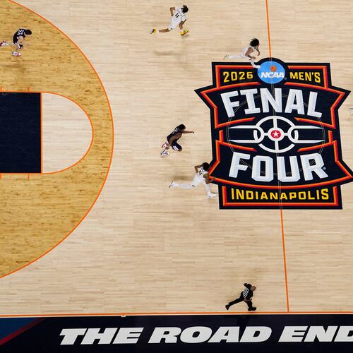UConn and Michigan compete during the second half of the NCAA college basketball tournament national championship game at the Final Four, Monday, April 6, 2026, in Indianapolis. (AP Photo/AJ Mast)