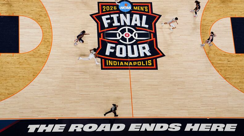 UConn and Michigan compete during the second half of the NCAA college basketball tournament national championship game at the Final Four, Monday, April 6, 2026, in Indianapolis. (AP Photo/AJ Mast)