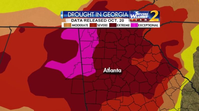 Areas in an “extreme” drought expanded 6 percent last week, Channel 2 Action News meteorologist Katie Walls said. (Credit: Channel 2 Action News)