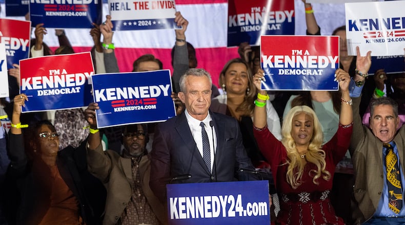 Robert F. Kennedy Jr. officially announces his candidacy for president on April 19, 2023 in Boston. Kennedy has the backing of 10% of swing-state voters in his independent presidential bid that is draining support from Republican and Democratic rivals ahead of next year's election, a Bloomberg News/Morning Consult poll found. (Scott Eisen/Getty Images/TNS)