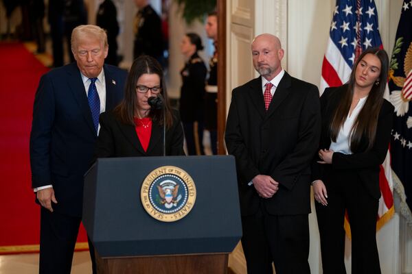 Allyson Phillips, mother of Laken Riley, speaks ahead of the signing of the Laken Riley Act at the White House January 2025. (Nathan Posner for the AJC 2025)
