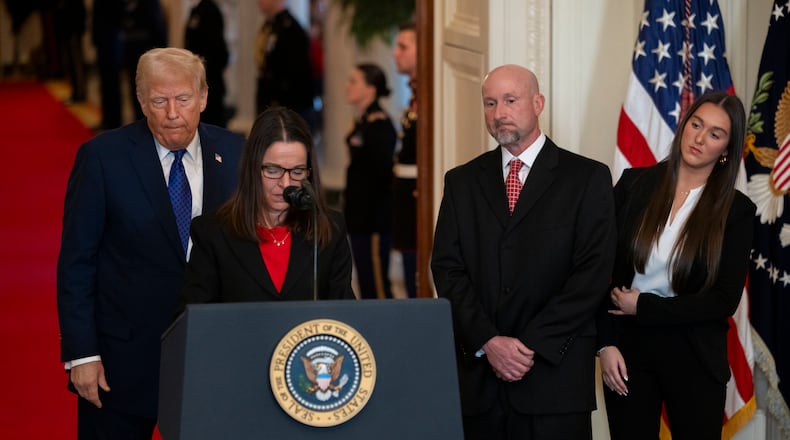 Allyson Phillips, mother of Laken Riley, speaks ahead of the signing of the Laken Riley Act in the East Room of the White House in Washington, DC on January 29, 2025. (Nathan Posner for the Atlanta Journal-Constitution)