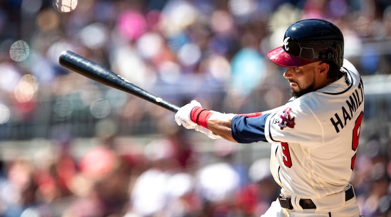 Billy Hamilton #9 of the Atlanta Braves singles in the third inning against the San Francisco Giants at SunTrust Park on September 22, 2019 in Atlanta, Georgia. (Photo by Carmen Mandato/Getty Images)