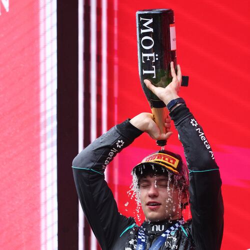 Mercedes driver Andrea Kimi Antonelli of Italy celebrates on the podium after winning the Formula One Grand Prix at the Spa-Francorchamps racetrack in Spa, Belgium, Sunday, July 19, 2026. (AP Photo/Omar Havana)