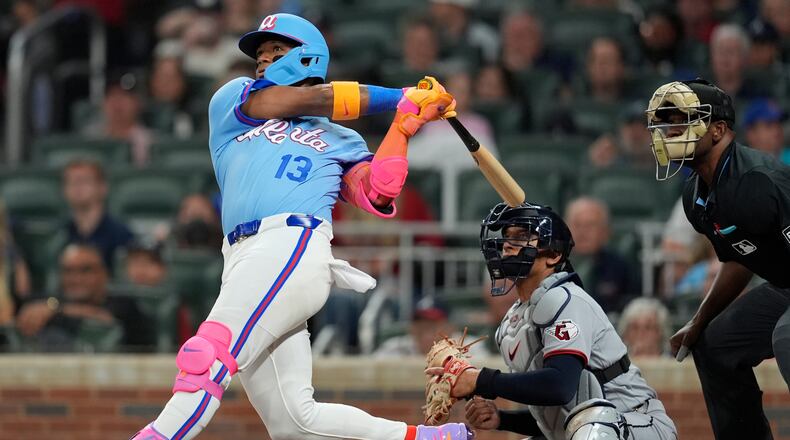 Braves outfielder Ronald Acuña Jr. hits a solo homer during the sixth inning against the Guardians on Friday, April 10, 2026, in Atlanta. (Mike Stewart/AP)