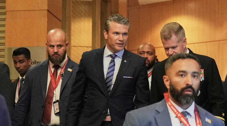 U.S. Defense Secretary Pete Hegseth leaves after a bilateral meeting with Malaysia's Defense Minister Mohamed Khaled Nordin ahead of the Association of Southeast Asian Nations (ASEAN) Defense Ministers' Meeting in Kuala Lumpur, Malaysia, Thursday, Oct. 30, 2025. (AP Photo/Dita Alangkara)