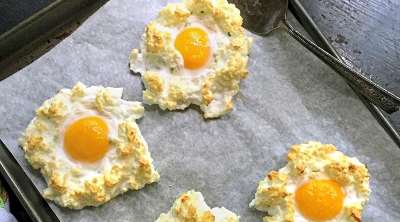 Cloud eggs are fluffy, cloud-like egg white meringues with an egg yolk nestled in the middle. (Gretchen McKay/Pittsburgh Post-Gazette/TNS)