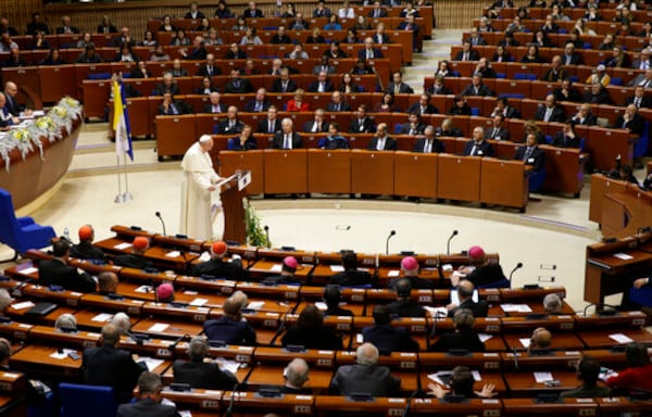 FILE - Pope Francis delivers his speech at the European Council in Strasbourg, France, Tuesday, Nov. 25, 2014. (AP Photo/Andrew Medichini, file)