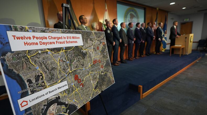 U.S. Attorney Adam Gordon announces charges against a dozen individuals for fraudulently collecting childcare payments during a press event, Tuesday, Sept. 15, 2026, in San Diego. (AP Photo/Gregory Bull)