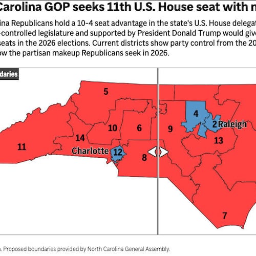 NORTH-CAROLINA-REDISTRICTING — Interactive. This digital embed allows readers to scrub between North Carolina's current congressional districts and the new districts proposed by the North Carolina General Assembly. This interactive is current as of Oct 20, 2025 and will not update. Source: North Carolina General Assembly.