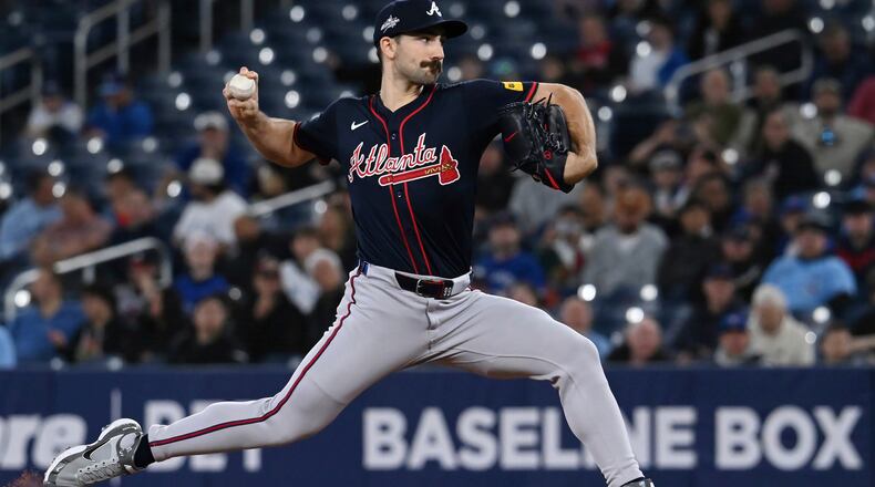 Atlanta Braves starting pitcher Spencer Strider (99) throws to a Toronto Blue Jays batter in the first inning of an interleague baseball game in Toronto, Wednesday, April 16, 2025. (Jon Blacker / The Canadian Press via AP)