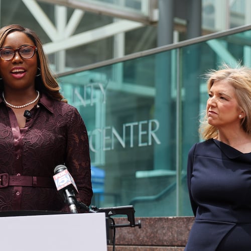 Georgia Supreme Court candidates Miracle Rankin (left) and Jen Jordan speak at a press conference at Fulton County Government Center in April. (Arvin Temkar/AJC)
