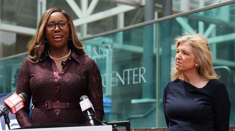 Georgia Supreme Court candidates Miracle Rankin (left) and Jen Jordan address media in Atlanta on April 30, 2026. They violated the Georgia Code of Judicial Conduct by promising to restore abortion rights, the Georgia Judicial Qualifications Commission said Monday. (Arvin Temkar/AJC)