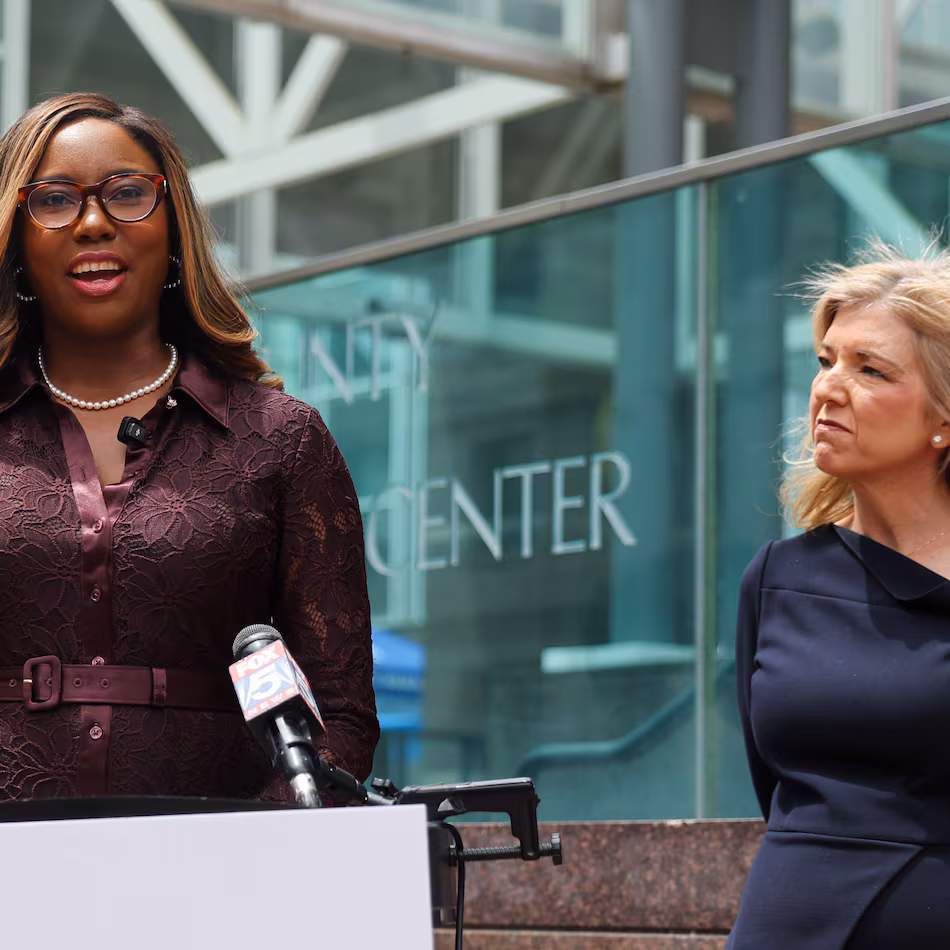 Georgia Supreme Court candidates Miracle Rankin (left) and Jen Jordan address media in Atlanta on April 30, 2026. They violated the Georgia Code of Judicial Conduct by promising to restore abortion rights, the Georgia Judicial Qualifications Commission said Monday. (Arvin Temkar/AJC)