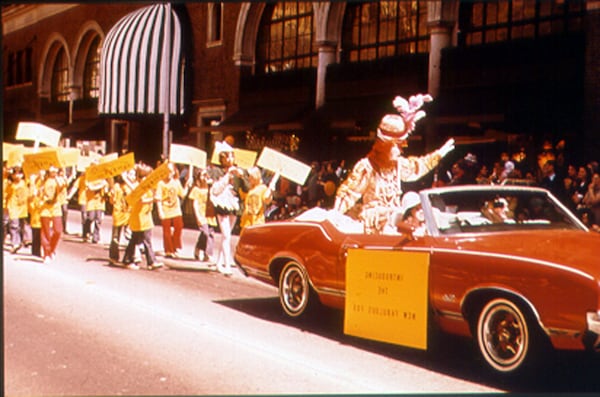 A "Save the Fox" parade in 1975 on Peachtree Street. (Courtesy of Fox Theatre Archives) 