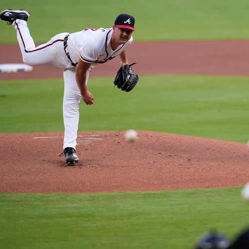Atlanta Braves pitcher Tyler Mahle (54) delivers to New York Mets' A.J. Ewing in the first inning of a baseball game, Wednesday, Aug. 12, 2026, in Atlanta. (AP Photo/Mike Stewart)