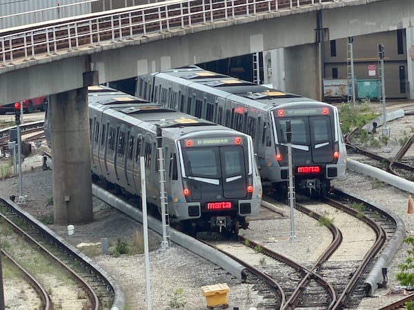 Two of the new railcars parked at Avondale Yard between Avondale and Kensington MARTA stations last month. (Miguel Martinez/AJC)