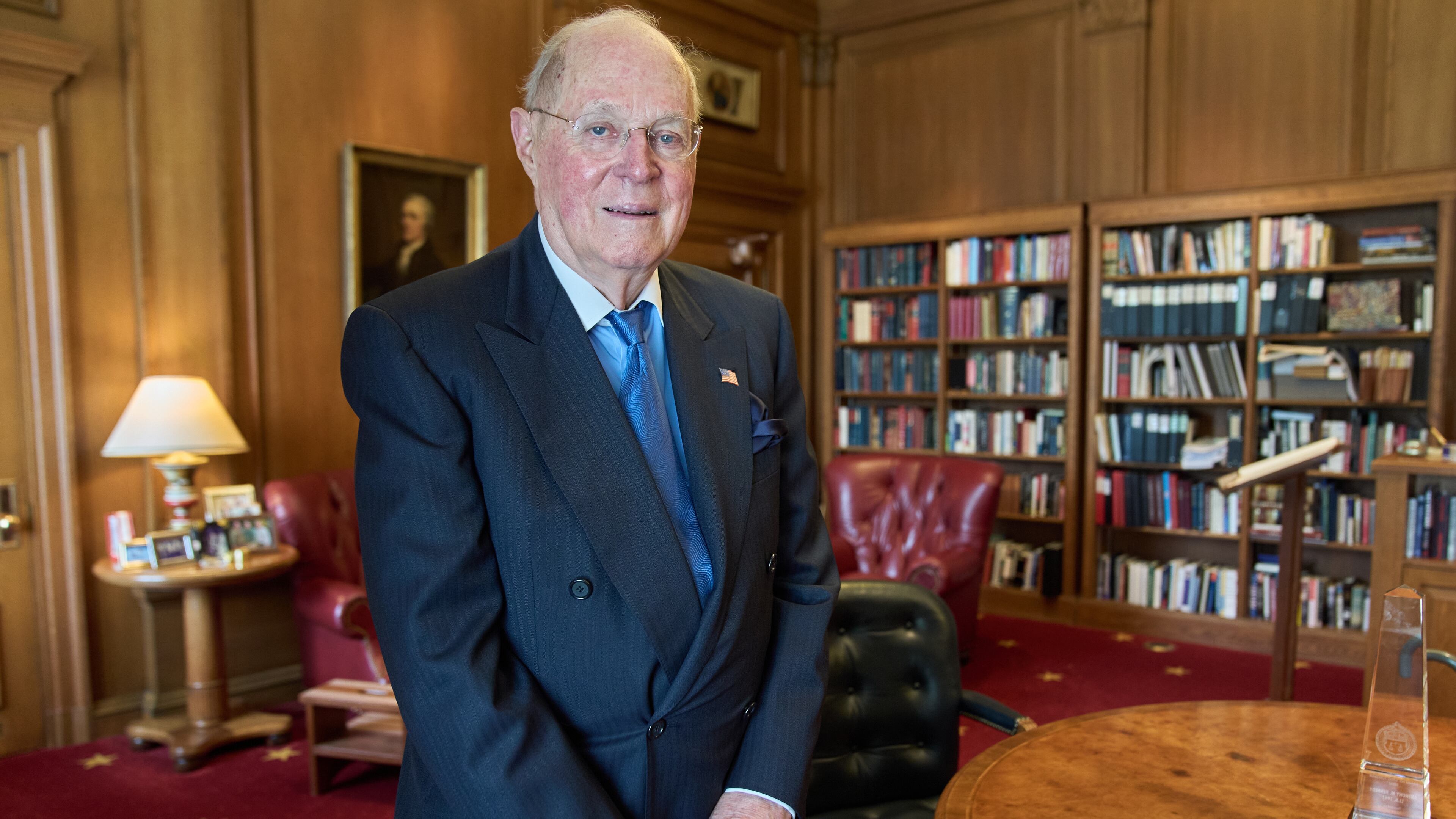 Retired Supreme Court Justice Anthony Kennedy, 88, poses for a portrait, Wednesday, Oct. 8, 2025, in his office at the Supreme Court in Washington. (AP Photo/Jacquelyn Martin)
