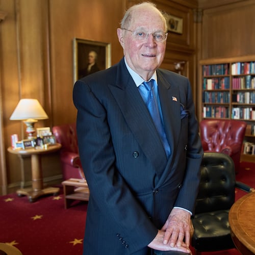 Retired Supreme Court Justice Anthony Kennedy, 88, poses for a portrait, Wednesday, Oct. 8, 2025, in his office at the Supreme Court in Washington. (AP Photo/Jacquelyn Martin)